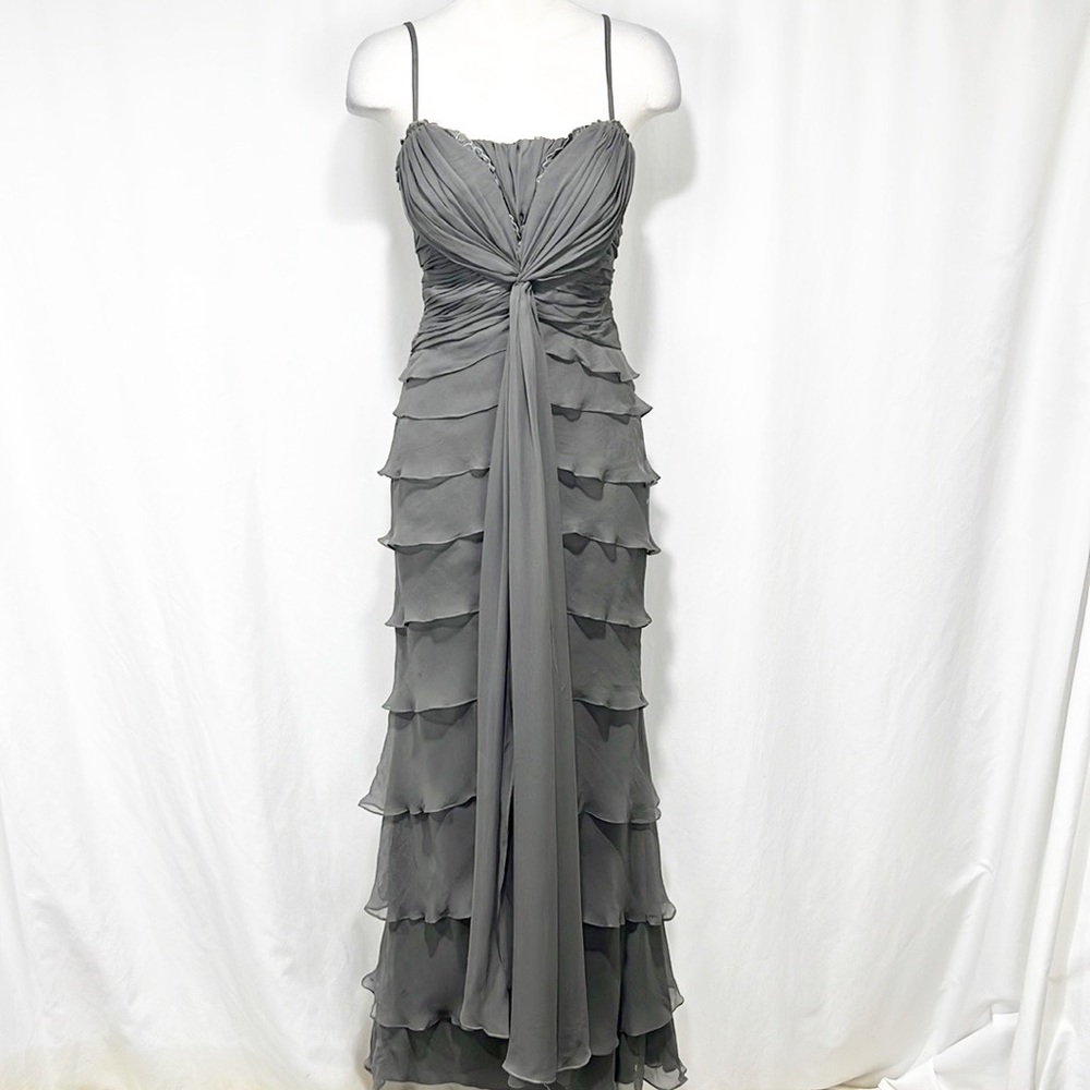 Jovani Layered Tiered Column Gown Silk Steel Gray size 12